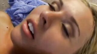 Sweet blonde Bombshell blows a african dick by the pool