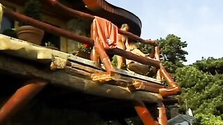 Short hair honey with nice titted sucking off and fucking huge cock on balcony