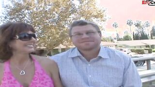 Big Boobed dark haired Older enjoy the huge dick infront of her cuckold hubby
