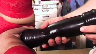 turned on mom inside red Enjoying sex toy action into a 3-way with 2 men