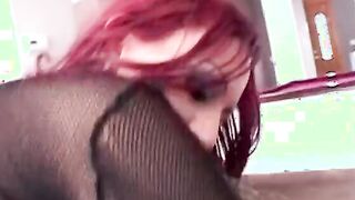 Dirty red head gets banged and licks cumload off her boots
