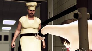 Kinky sex inside the prison. A babe dark haired with many jugs gets pounded rough by a butcher