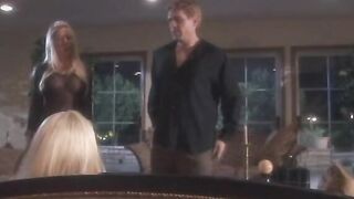 Lovers of Hottie blondes with huge tits help fellow to fill inside time