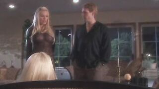 Lovers of Hottie blondes with huge tits help fellow to fill inside time