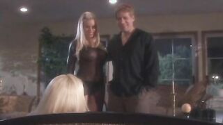 Lovers of Hottie blondes with huge tits help fellow to fill inside time