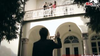 German reverse gang bang with lucky dude and dark hair slender milfs
