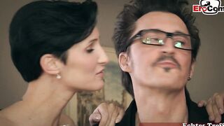 German reverse gang bang with lucky dude and dark hair slender milfs