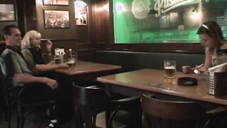 The chick is alone and sad into the bar and accepts the