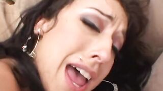 Bae anal dark hair with hoop earrings takes on 2 dicks into butt and cunt
