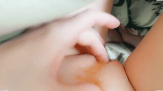Miniature snatch masturbates under the blanket . Rubbing little cunt and penetrates finger in a juicy
