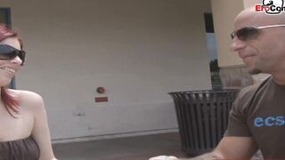 Thin red haired thot with big legs and tiny titties pick up for sex
