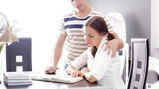 Vulgar Russian 19 yo Carre bends over her desk to got plowed from behind