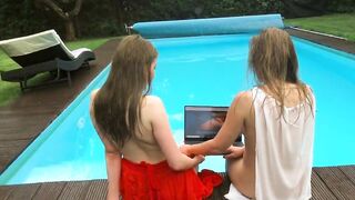 Marfa touches Emerald Ocean Cutie inside the pool