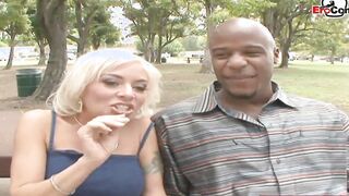 Blonde Milf thot with long melons fucks infront of her ebony cuckold hubby