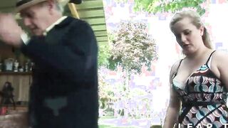 Amazing little thot with long jugs and long booty caught into a 3 way with grandpa
