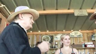 Amazing little thot with long jugs and long booty caught into a 3 way with grandpa