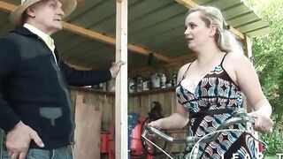 Amazing little thot with long jugs and long booty caught into a 3 way with grandpa