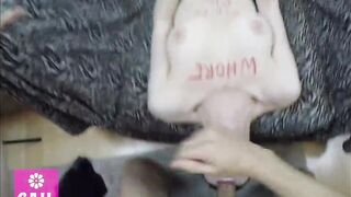 Worthless petite eighteen plowed hole gets slapped about fuck into her throat and cunt and covered into cum - preview