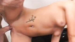 Hot short hair blonde gets banged and creamed by 2 rough poles