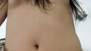 Cutie young dark hair plays with a toy inside her living room then gets a rough cock