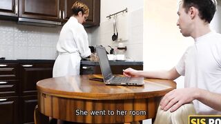 SISPORN. Dinner ends for bro and his blond stepsis with quickie inside bedroom