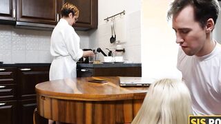 SISPORN. Dinner ends for bro and his blond stepsis with quickie inside bedroom