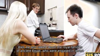 SISPORN. Dinner ends for bro and his blond stepsis with quickie inside bedroom