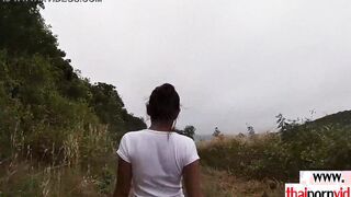 Cutie amateur Thai teens Cherry loves blowing her BFs huge white cock public
