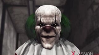 Evil clown plays with a sweet vulgar college cunt with mouth inside an abandoned hospital