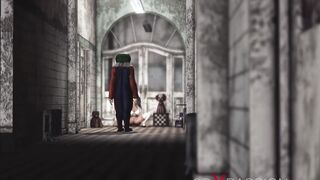 Evil clown plays with a sweet vulgar college cunt with mouth inside an abandoned hospital