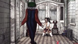 Evil clown plays with a sweet vulgar college cunt with mouth inside an abandoned hospital