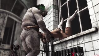 Evil clown plays with a sweet vulgar college cunt with mouth inside an abandoned hospital
