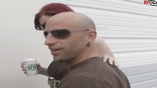 Thin red haired thot with big legs and tiny jugs pick up for sex
