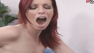 Thin red haired thot with big legs and tiny jugs pick up for sex