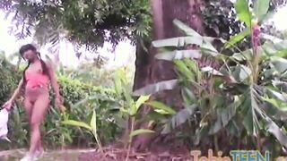 Tobie 19 Yo Fingers her tight snatch at garden