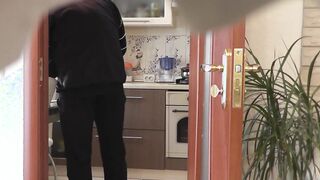 When hubby is away Bae MILF Mom Frina called next door repair electric kettle. Next Door made repairs then put Frina doggy style plowed her vagina and cummed sperm on legs inside tights. Hubby installed camera at home.