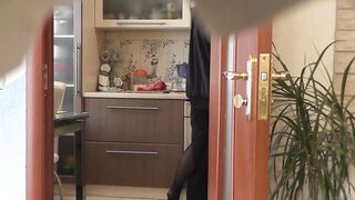 When hubby is away Bae MILF Mom Frina called next door repair electric kettle. Next Door made repairs then put Frina doggy style plowed her vagina and cummed sperm on legs inside tights. Hubby installed camera at home.
