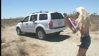 3 man are fucking lustful well shaped blonde inside the vehicle and near it