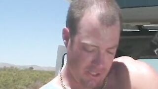 3 man are fucking lustful well shaped blonde inside the vehicle and near it