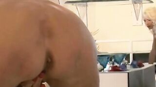 Freaky blonde blows a cock while getting nailed on the couch