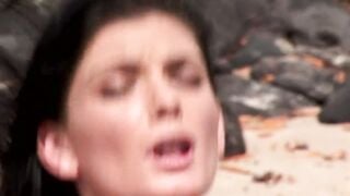 Dark Haired woman fucks ebony huge cock on the beach and Blonde woman fucks with a vegetable