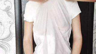Stepson noticed stepmother's soak T-shirt and blown her nipples