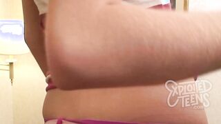 Petite blonde teen with a shaved pussy sucks cock