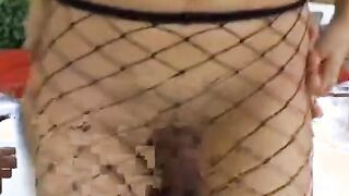 Goddess dark haired gets her holes plowed while wearing her goddess fishnet pantyhose