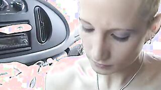 Cocksucking blonde takes on a stud's penis into a vehicle