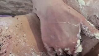 Cake sitting and getting very messy cake & sex toy fun