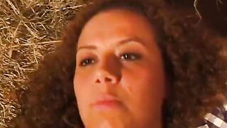 Vulgar Hispanic blows penis on her knees then gets banged into a barn