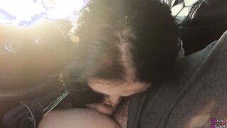 Quick oral sex with drink inside the vehicle near the road