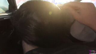 Quick oral sex with drink inside the vehicle near the road
