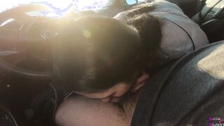 Quick oral sex with drink inside the vehicle near the road